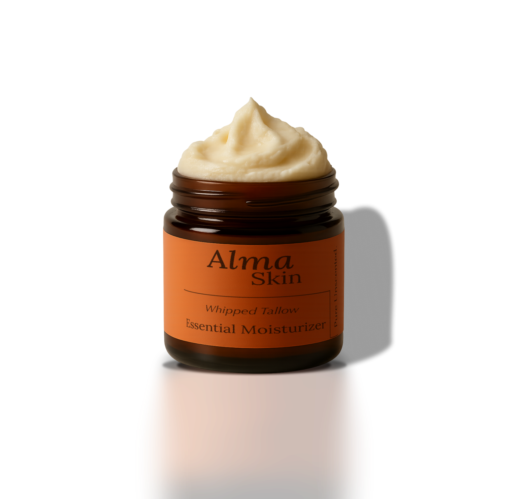 Cremig aufgeschlagener Rindertalg Moisturizer in braunem Glastiegel.